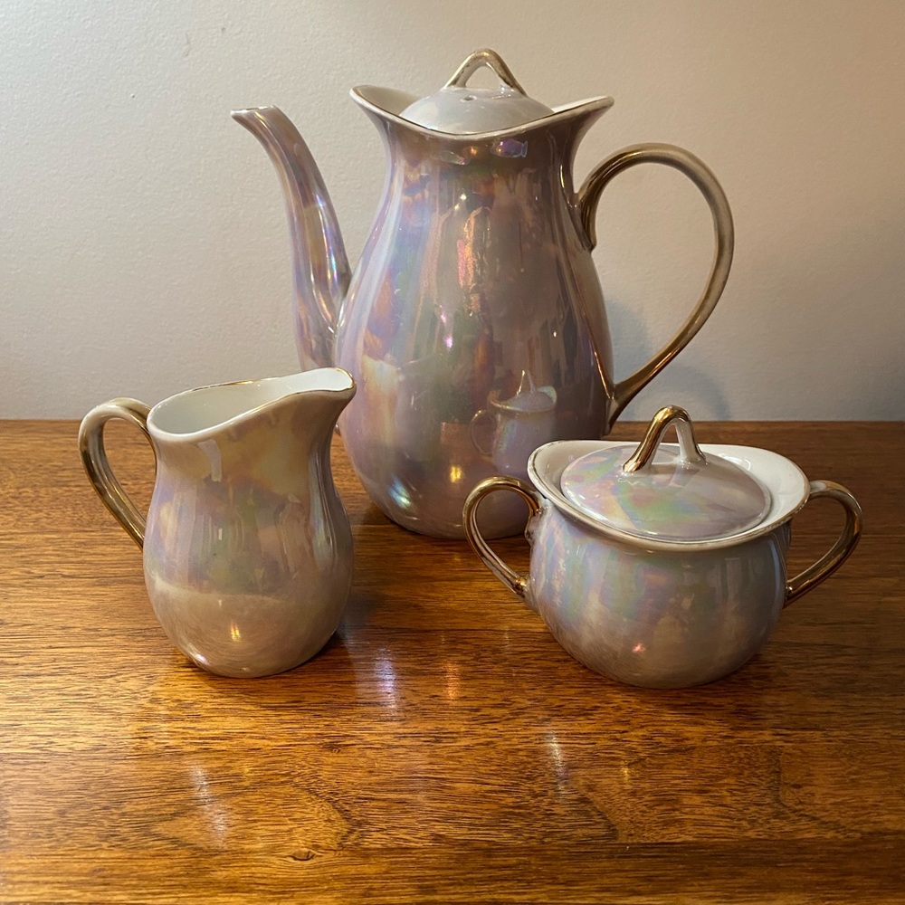 Cream Vintage Ceramics Tea Set with Iridescent Glaze